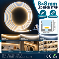 Bande LED néon découpable 24V 8x8mm sans soudure en silicone, flexible, pour armoires de cuisine, placards et étagères