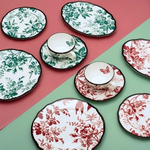 European Porcelain Enameled Vintage <b>Black</b> Border Wax Leaf Printing Dinnerware <b>Sets</b> <b>Dinner</b> Plates Dessert Plates Coffee Cups - Product Image 1