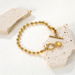 Pulsera de Cadena de Bolitas de Acero Inoxidable Chapada en Oro de 18K Resistente al Agua con Cierre OT, Joyería de Moda con Corazón, Pulsera con Cierre OT - Product Image 4