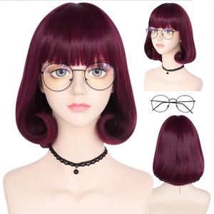 Peluca Corta de Cosplay <span class=keywords><strong>Velma</strong></span> Naranja Marrón para Personaje, Flequillo Recto, Rizado hacia Adentro, Cabello Sintético Transparente, Pequeña, 130% de Densidad - Product Image 1