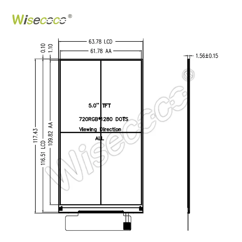 Wisecoco גודל מסך בהירות מותאמת אישית Ips Lcd תצוגת 5 אינץ' Mipi מגע אופציונלי Mipi 720*1280 Lcd