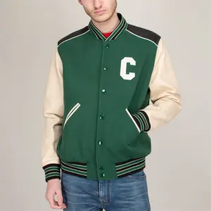 QYOURECLO Custom Fashion Style Genuine Leather Soft Long Sleeve With Two Patch Pockets Varsity Jacket For Men