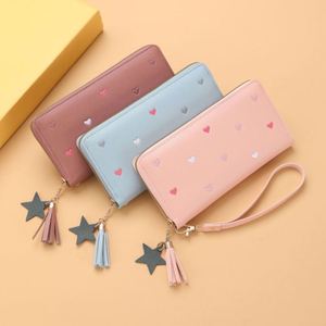 Wholesale Unisex Wristlet <b>Clutch</b> Bag Women's Cute Embroidered Tassel Multi Functional Card Slot Zipper Waterproof PU Long Wallet - Product Image 1