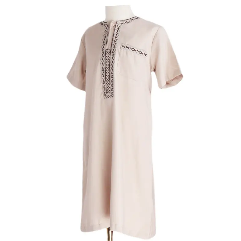 Robe arabe en coton pour enfants, manches courtes, pour garçons, simple, brodée, ample, islamique, Thobe décontracté