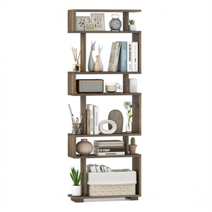 Libreria a 6 Ripiani in Legno di Noce, Design Moderno e Minimalista, Autoportante per Soggiorno, Kit Anti-Ribaltamento Incluso - Product Image 1