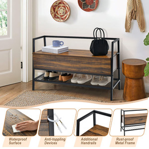 Industrial Shoe <b>Bench</b> with Storage Space and Metal Handrail Multi-functional Use Sturdy Durable Spaces Rustic Shoes Collection - Product Image 4
