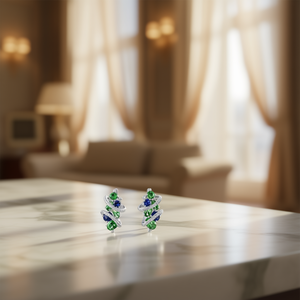 Pendientes de Lujo de Plata 925 con Esmeralda, Corte Brillante Redondo Verde Azulado, Diseño Geométrico, Engaste de Garra, Joyería de Fiesta para Mujer - Product Image 2