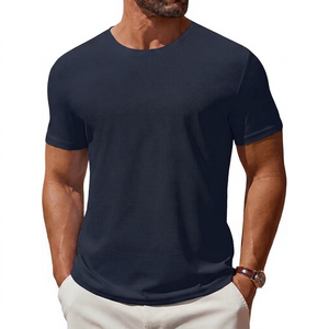 T-shirt pour homme bleu marine à manches courtes, col rond, coupe ajustée, décontracté, respirant, 100% coton jersey tricoté, couleur unie - Product Image 1