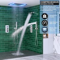 Ensemble de robinetterie de douche Honajo à 3 poignées, avec douchettes rectangulaires LED effet pluie de 14x20 pouces, vanne de douche à double icône lumineuse, nickel brossé