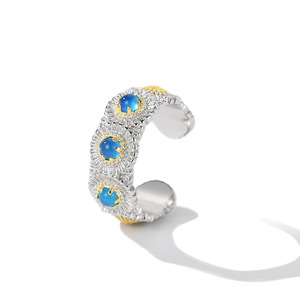 Blue Daisy Ring Gold Plated Two Tone Adjustable Unisex Jewelry Gift - Product Image 1