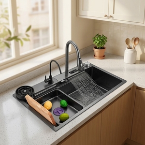 Set Lavello da <span class=keywords><strong>Cucina</strong></span> Intelligente in <span class=keywords><strong>Acciaio</strong></span> <span class=keywords><strong>Inox</strong></span> Grigio Canna di Fucile con <span class=keywords><strong>Rubinetto</strong></span> a Cascata, Vasca Singola da Incasso e Display a LED della Temperatura - Product Image 1