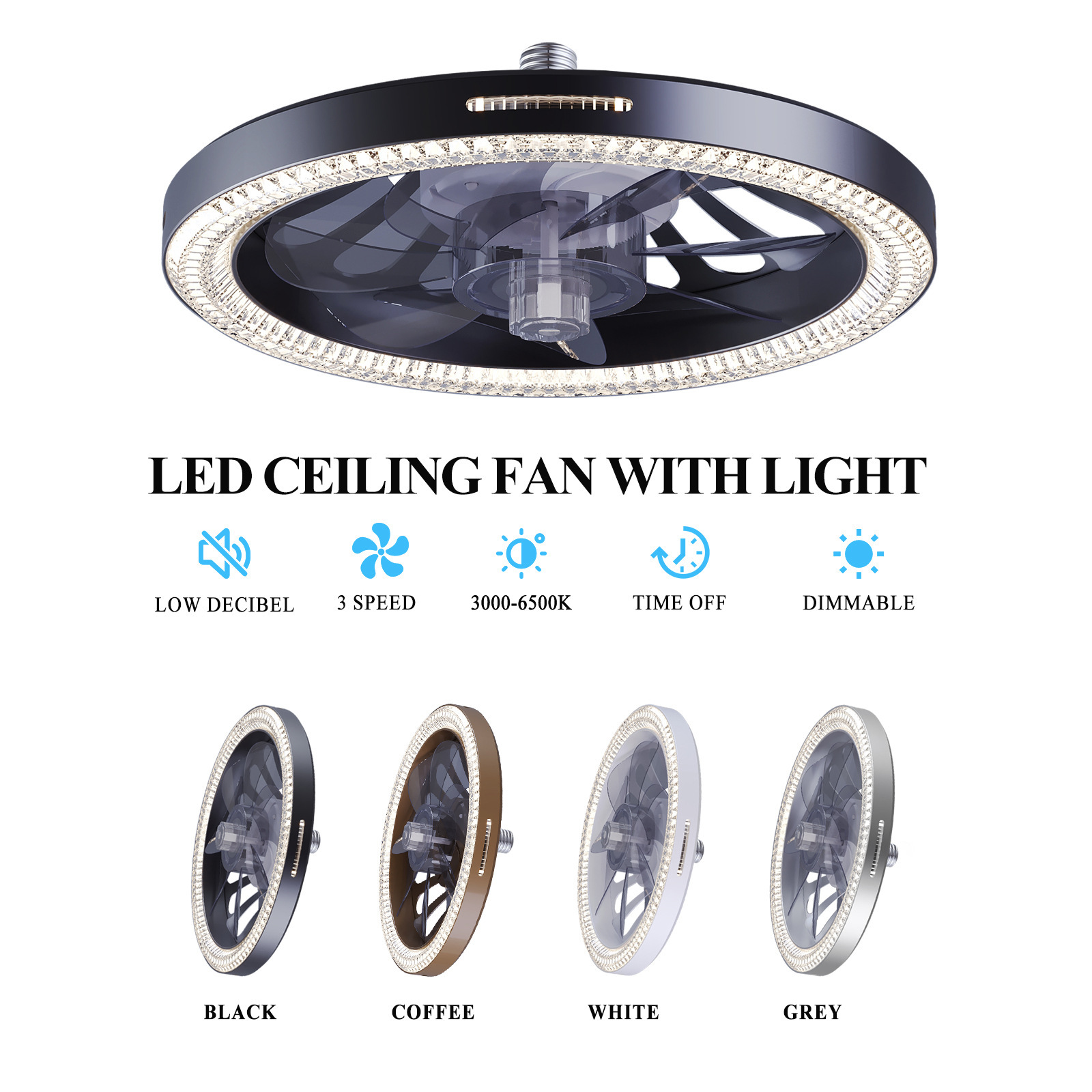 Three-speed Ceiling Fan with Light and Remote Control E27 Intelligent Dimming Fan Lamp Bulb for Bedroom Living Room Home Decor