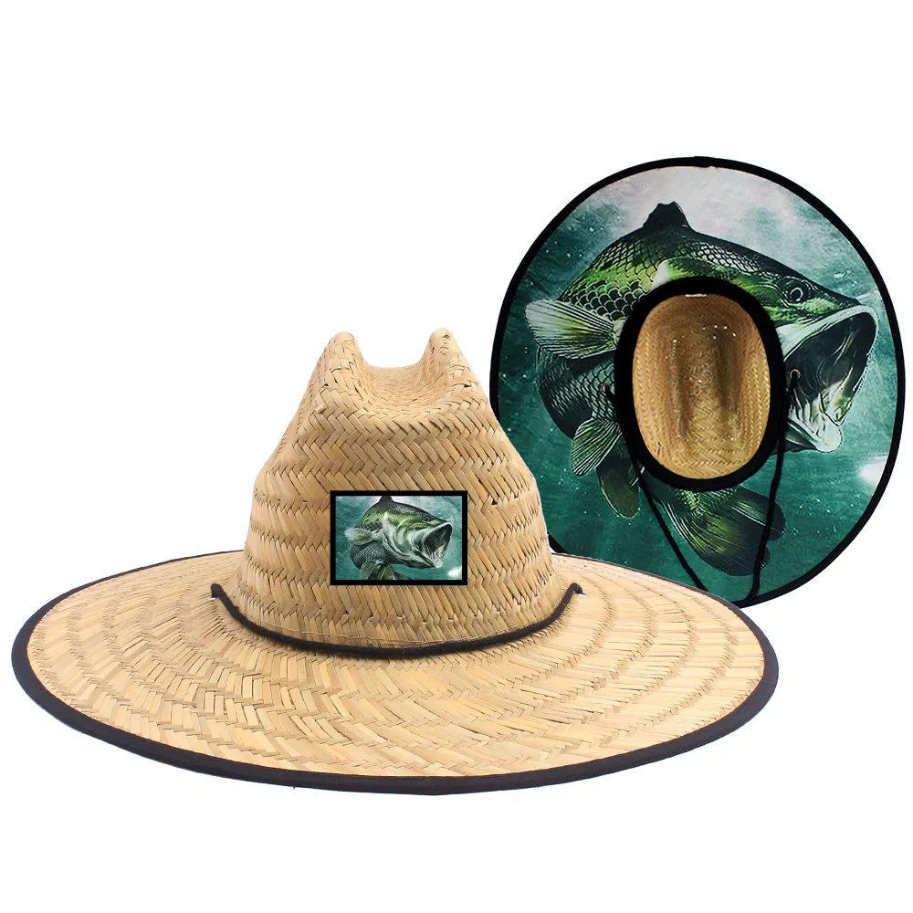 Lifeguard Straw Hats Custom Patch Logo Straw Hat Printed Beach Surfing Natural Grass Wide Brim Sun Lifeguard Straw Hat