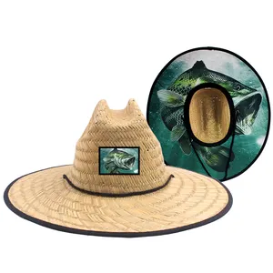 Sombreros de paja de salvavidas Logotipo de parche personalizado Sombrero de paja Impreso Playa Surf Hierba natural Sombrero de paja de salvavidas de ala ancha
