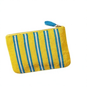 Beaded Coin Purse Yellow Blue White Stripes Handmade Zipper Closure Bohemian Style Mini Unisex - Product Image 1