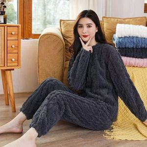 Casual flanela velo pijama feminino manga comprida O-pescoço cor sólida venda quente espessado inverno Home Wear conjunto de duas peças - Product Image 6