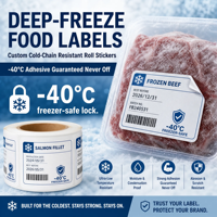 Étiquettes pour aliments surgelés YSB |   Autocollants personnalisés résistants à la chaîne du froid |   Adhésif -40°C Garanti, Ne Se Décolle Jamais