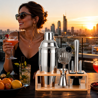 Ensemble de shaker à cocktails en acier inoxydable avec outils de bar, shaker Cobbler, kit de barman, support en bambou, verseurs de bouteilles pour bar à domicile