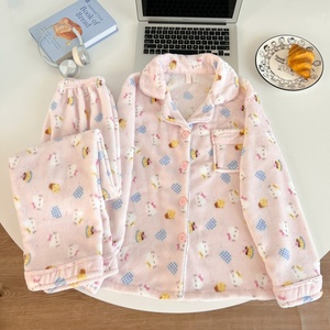 Sleepwear Sets 116# Winter Flannel Cardigan Lapel <strong>Pyjamas</strong> Ladies Cartoon Casual Suit Pajamas - Product Image 1