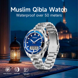 Montre musulmane QiblaNav de luxe automatique numérique en acier inoxydable avec <span class=keywords><strong>boussole</strong></span> islamique, fonction Azan, phases de lune et étanchéité 20m - Product Image 3