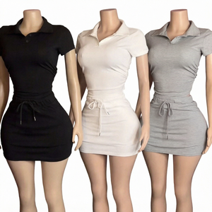 Women's Polo Shirt and Skinny Mini <b>Skirt</b> Set Knitted Cotton Spandex Breathable Quick Dry Casual <b>Summer</b> Tennis Outfit - Product Image 1