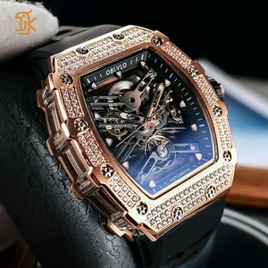 SANYIN Custom Gold Plated Skeleton Sapphire Glass Automatic Mechanical Watches Wine Barrel Men Wrist Watch