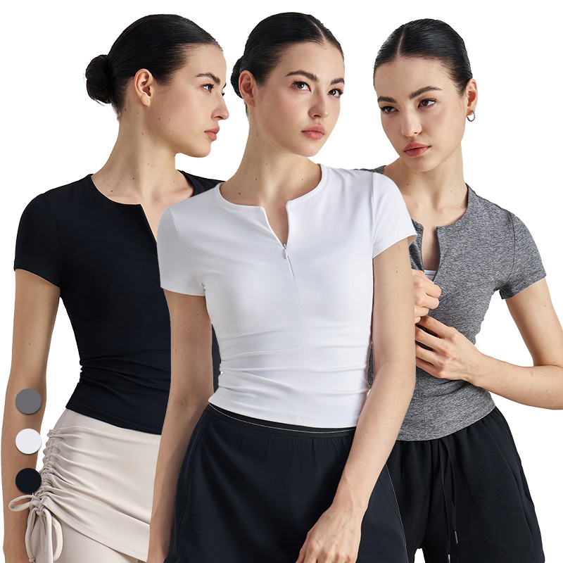ADTX52015 Women Breathable Quick Dry V-neck Top Tight Half-zipper Slim Fitness Short Sleeve Top