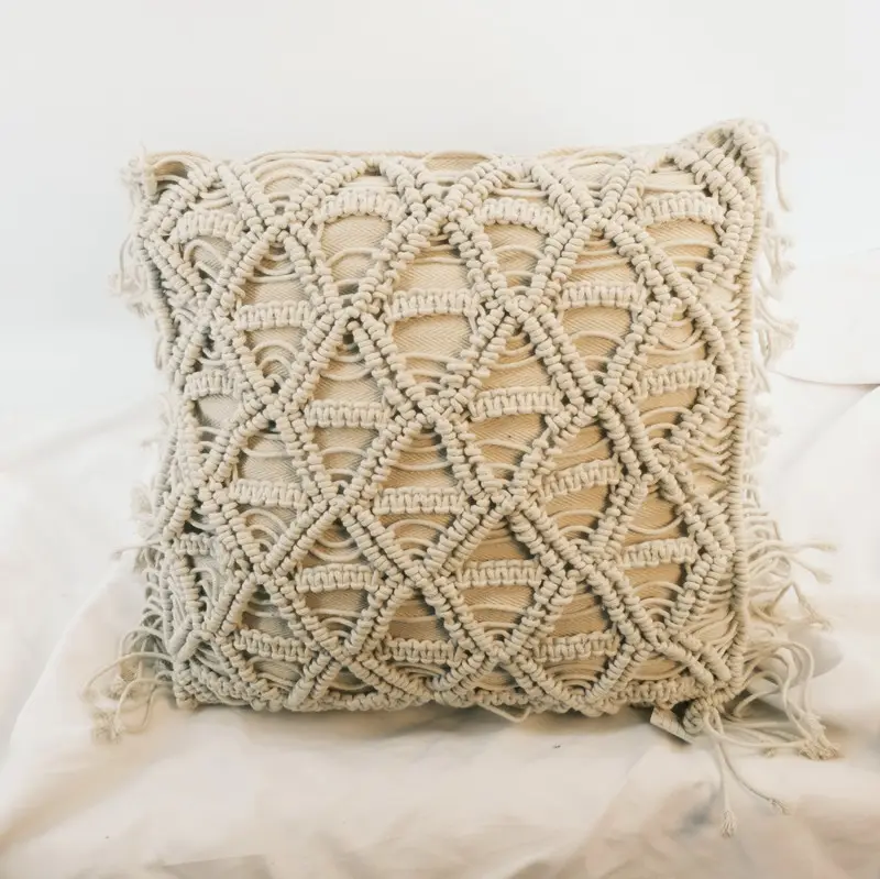 Bantal rumbai Macrame poliester dengan dekorasi kustom sarung bantal dengan pola bergaya rajutan tangan