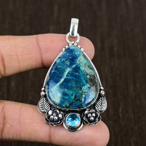 Pendentif en argent sterling 925 massif fait à la main avec pierre précieuse chrysocolle, design floral, plaqué rhodium de haute qualité, personnalisable - Product Image 2