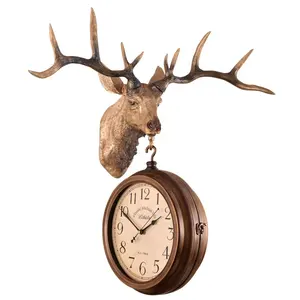 10 inch Special Metal Retro Craft Double Sided Clock Home Deer Head Craft Antique Decorative Double Sided Wall Clock