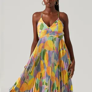 Farbig bedruckt Damen-Maxi-Blumentrabatt Farbstoff digitaldruck plissiert Sommer-Hemd-Kleid individuelles beutelndes Freizeitkleid Damenbekleidung