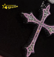 Collier pendentif en argent 925 avec charme, bijoux de rappeur personnalisés, collier de prière en moissanite rose et noir, ensemble de pendentif croix