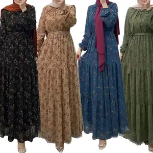 Supplier Customized Muslim Ladies Clothes Floral Lace-up Fashion Loose Ruffled Dress