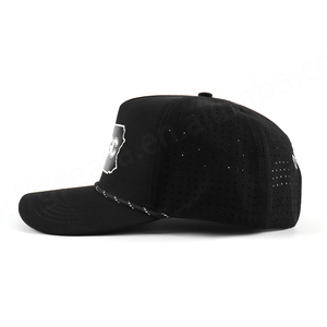 Sombrero de corredor deportivo de 5 paneles con logotipo impreso por transferencia de calor personalizado al por mayor, sombrero perforado con agujero cortado con láser, gorra de béisbol de cuerda negra - Product Image 5