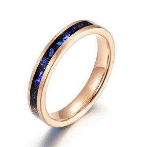 Gentdes Jewelry Fashion Jewelry Rings 4MM Rose Gold Tungsten Band Inlay Blue Glass Men Womens Wedding Engagement Ring