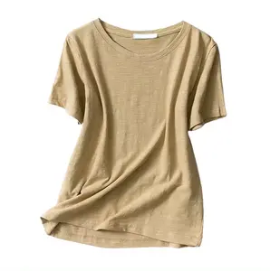 Venta caliente 140gsm 100% cáñamo camiseta para mujer bordado logo cuello bajo camiseta natural ecológico dobladillo camisetas