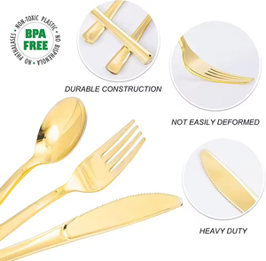 Ensemble de vaisselle en plastique <span class=keywords><strong>biodégradable</strong></span> personnalisable, kits de couverts jetables avec poignée dorée/argentée pour les mariages, les fêtes et la restauration - Product Image 3
