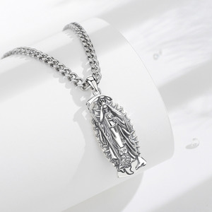Merryshine 925 Sterling Silver Pulsera De <span class=keywords><strong>La</strong></span> Patron Amulette Médaille Saint Santa Muerte Jésus Crâne Charme Pendentif Collier pour Hommes - Product Image 2