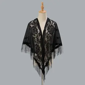 Triangolo di pizzo da donna di colore solido di alta qualità scava fuori i fiori del Kimono scialle traspirante estivo femminile ricamato con nappe