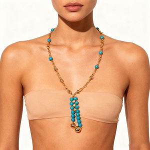 Minimalist Handmade Copper Alloy 24k Gold Plated Hamsha Beaded Faceted Tiny Apatite Gemstone <b>Beads</b> Trendy Short Chains Chain - Product Image 3