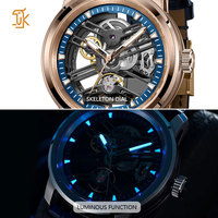 Montre mécanique automatique squelette en acier inoxydable or rose, design populaire ajouré, pour homme, personnalisable, montre-bracelet de loisirs