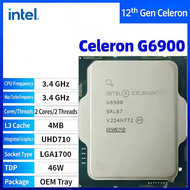 For Intel Celeron G6900 3.4 GHz Dual Core 2 Threads 4MB L3 Cache LGA 1700 46W TDP Desktop Processor Integrated Graphics