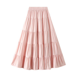 Women's Pink A-Line Tiered <b>Skirt</b> <b>Elastic</b> Waist Soft 100% Cotton Floor-Length Casual Sweet Style Solid Color - Product Image 1