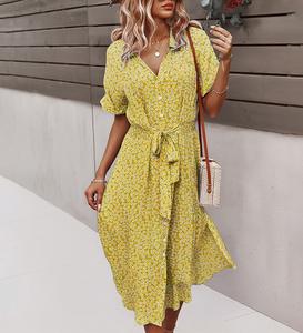 Vente directe d'usine Robe mi-longue à ceinture à manches courtes à fleurs pour femmes Robe décontractée pour femmes - Product Image 6