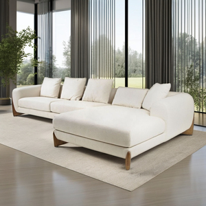 Sofá Esquinero en Forma de L Moderno <span class=keywords><strong>con</strong></span> Tapicería de Tela Crema para Sala de Estar, Sofá <span class=keywords><strong>Cama</strong></span> <span class=keywords><strong>con</strong></span> <span class=keywords><strong>Chaise</strong></span> Longue, Juego de Muebles <span class=keywords><strong>con</strong></span> Patas de Nogal, Sofás Modulares - Product Image 2