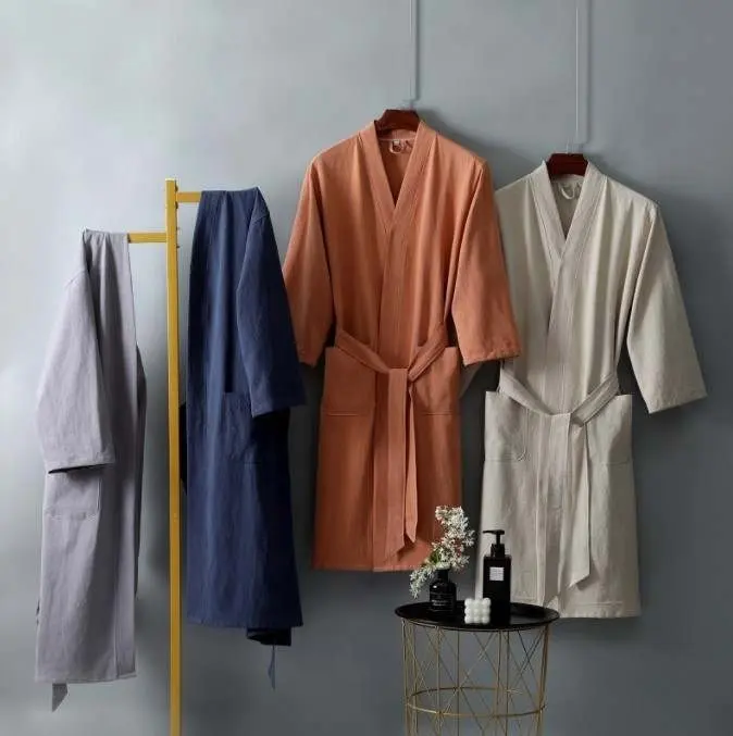 Kustom logo jubah Kimono Linen katun Spa Sauna jubah mandi baju tidur Gaun panjang berpakaian