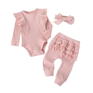 3 pièces bébé fille vêtements bébé tenues bébé couleur unie manches longues pull barboteuse ensemble automne hiver bébé fille vêtements