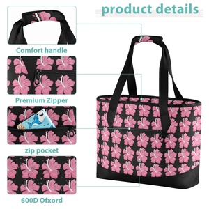 Sac isotherme pour déjeuner avec logo personnalisé, design Hibiscus rose Hawaï, sac isotherme pour déjeuner pour femmes avec poches - Product Image 5