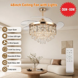 Gold Crystal Invisible Blade LED <b>Ceiling</b> Fan <b>Ceiling</b> <b>Light</b> 48 Inch Modern Remote Control 6 Speed Dimmable for Home <b>Office</b> - Product Image 1