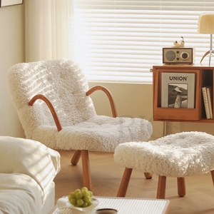 Accoudoir long <span class=keywords><strong>en</strong></span> bois <span class=keywords><strong>de</strong></span> séquoia pour femmes, <span class=keywords><strong>fauteuil</strong></span> à dossier beige <span class=keywords><strong>en</strong></span> laine d'agneau, avec tabouret, <span class=keywords><strong>fauteuil</strong></span> <span class=keywords><strong>en</strong></span> molleton et crème - Product Image 2